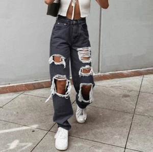 Women's High Waist Ripped Wide Leg Jeans Distressed Cotton Blend Denim Trousers Streetwear Frayed Edge Casual Jeans For Women