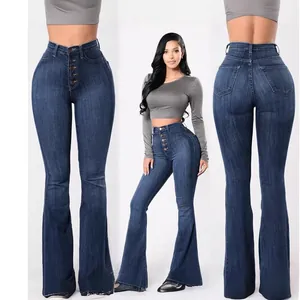 Women's high waist dark blue flare jeans with multi-button fly and stretchy wide leg