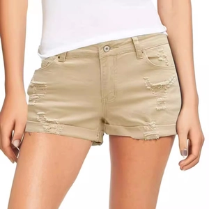 Short en Denim Décontracté pour Femmes Khaki Lavé Taille Haute Ourlet Roulé en Coton Jambe Droite Short en Jean Mode