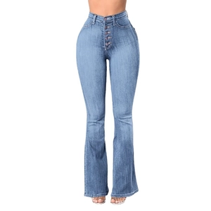 High waisted light blue flare jeans featuring multi-button fly and stretch denim fabric