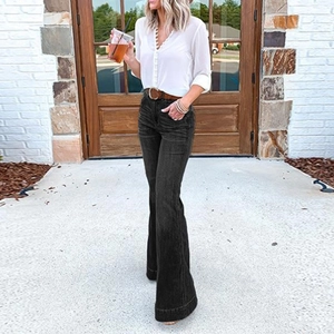 High-waisted black flare jeans for women with a slim fit and stylish wide leg silhouette