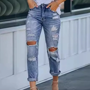 Women Casual Ripped Straight Leg Jeans High Waisted Distressed Washed Denim Pants Light Blue Cropped Streetwear Trousers