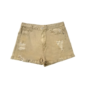 Short en jean kaki pour femme avec détails déchirés et ourlet à revers fixe stylé