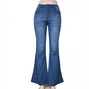 Women's high waist flared jeans in light blue stretch denim with washed finish