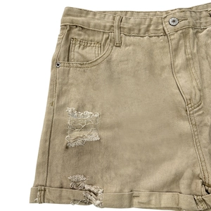 Short en jean taille haute kaki avec détails déchirés et ourlet effiloché mode
