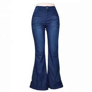 Women high-waisted dark blue flared jeans with whisker wash and wide leg style