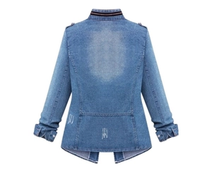 Rear view of washed denim jacket with standing collar and distressed frayed hem details