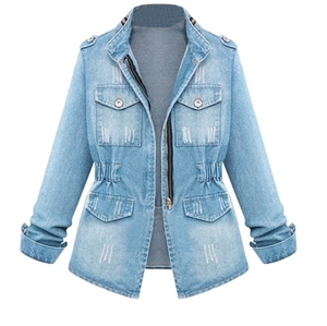 Light blue women's denim utility jacket with four pockets and elastic cinched waist