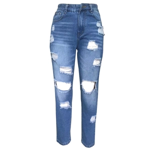 Women's high waist slim fit ripped jeans in classic washed blue with distressed details