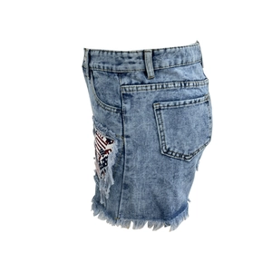 Women's light blue snow wash denim shorts with high waist cut and star flag patch