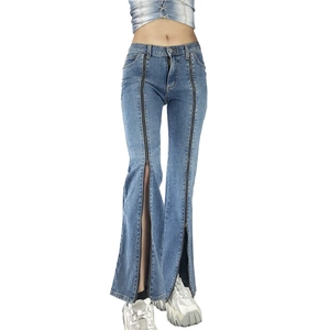 High waist wide leg blue jeans for women with full-length vertical metal zippers
