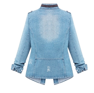 Light blue slim fit denim jacket with stand collar and distressed back details