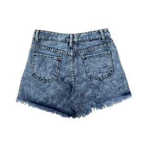 Women's light blue acid wash denim shorts with raw hem and high waist back view