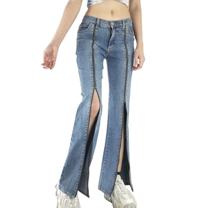 High waist wide leg jeans with long front zippers and open slit design in blue