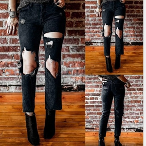 High Waist Ripped Jeans For Women Straight Leg Distressed Denim Cropped Pants Washed Black Street Style Casual Slimming