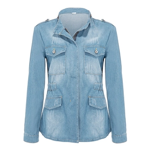 Detail of light blue denim jacket showing four cargo pockets and zip-up collar