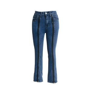 High waisted loose wide leg jeans with dual full-length front zippers in mid blue denim