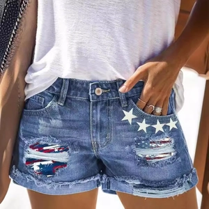 Damen High Waist Zerrissene Jeans-Shorts USA Flagge Stern Druck Distressed Denim Kurze Hose Ausgefranster Saum Für Unabhängigkeitstag
