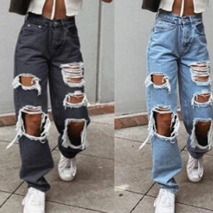 High-waisted wide-leg ripped jeans for women in dark grey and light blue denim