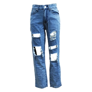 Classic blue high-waisted distressed wide-leg jeans with street style ripped details