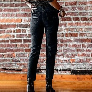 Slim fit high waisted ripped denim jeans for women in dark grey wash with back pocket detail