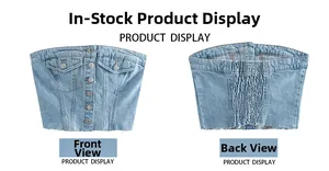 Front and back detail of a slim fit light blue denim bustier top with metal buttons