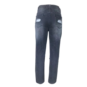 Slim fit high-waisted ripped denim trousers with distressed pockets in dark grey finish