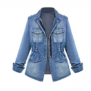 Women's light blue washed denim jacket with drawstring waist and multiple cargo pockets
