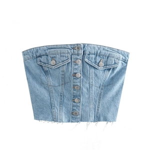 Women Washed Denim Tube Top Strapless Slim Fit Crop Top With Buttons Pockets Frayed Hem Streetwear Vintage Vest Top