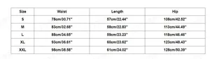 Detailed size chart for men's ripped denim shorts covering sizes S to XXL in cm and inches