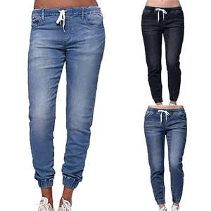 Damen Casual Denim Jogger Hose Niedrige Taille Kordelzug Manschettenknöchel Jeans Gewaschen Slim Fit Sweatpants Täglich