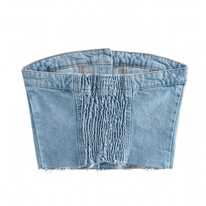 Slim fit fashion denim corset vest for women with elastic smocking and light blue wash