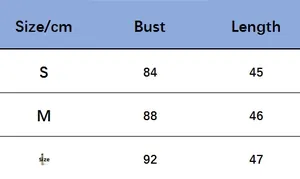 Detailed size chart for women's slim fit denim vest showing bust and length in cm