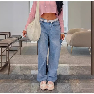 Women Fashion Asymmetric Cross Waist Ripped Wide Leg Jeans Streetwear Distressed Loose Washed Cotton Denim Long Pants