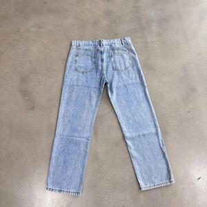 Flat lay of back pockets and belt loops on light blue straight leg washed denim jeans