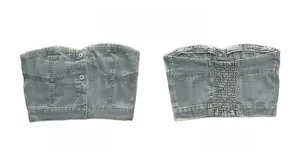 Vues détaillées d'un bustier en jean bleu clair avec boutons en métal et dos élastique