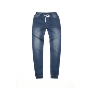 Damen-Denim-Jogger mit niedriger Taille, mittleres Blau, Kordelzug und Gummibund