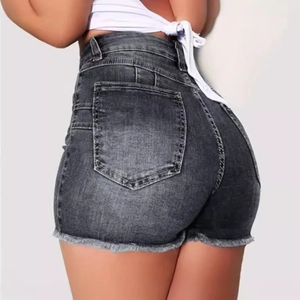 Women's slim fit high waisted distressed denim shorts with frayed edges in dark grey