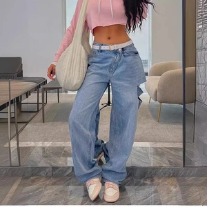 Fashionable light blue wide-leg jeans with unique cross-waist asymmetrical fly design