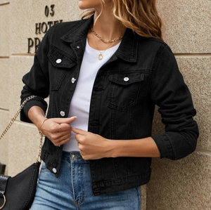 Women Fashion Slim Fit Denim Jacket Lapel Long Sleeve Button Up Jean Coat With Pockets Casual Streetwear Denim Outerwear