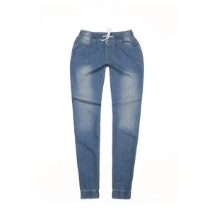 Hellblaue verwaschene Denim-Jogginghose mit elastischem Kordelzugbund und Bündchen