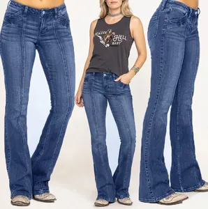 Women's slim fit flare jeans in dark blue with vertical seam detail and low waist design
