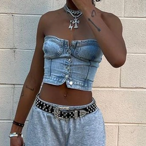 Haut Tube en Denim Sexy pour Femmes Style Corset Boutons Métalliques Bleu Clair Délavé Bustier Court Streetwear Mode Y2K Sans Manches