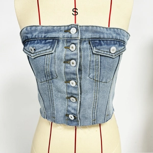 Slim fit light blue washed denim vest tube top with buttons and frayed hem