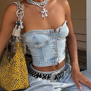 Top bustier sexy en denim bleu clair ajusté avec boutons métalliques et surpiqûres