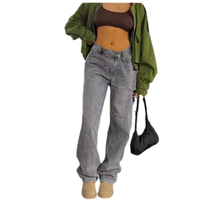 Women's vintage smoke gray wide leg jeans with asymmetrical cross-waist button closure