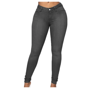 Women's dark gray high waisted skinny jeans with classic five pocket design and slim fit