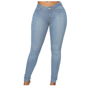 Women's high waist light blue skinny denim jeans with slim fit and contrast stitching