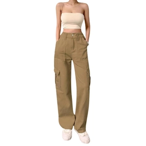 Damen Cargo Hose Hohe Taille Mehrere Taschen Gerades Bein Casual Streetwear Hose Einfarbig Gewaschene Baumwollhose