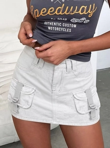 Gonna Cargo Corta Donna Vita Bassa Slim Fit Denim di Cotone Lavato Streetwear Tinta Unita Tasche Fettuccia Anello a D Casual
